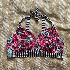 George Pink Floral Bikini Top Black & White Striped Contrast Trim – Size 3X GUC